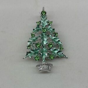 Vintage Green and Silver Christmas Tree Brooch Pin with Green Rhinestones